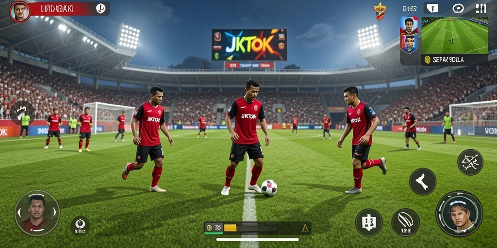 Screenshot utama JKTOK menampilkan pemain yang beraksi dalam pertandingan sepak bola seru.