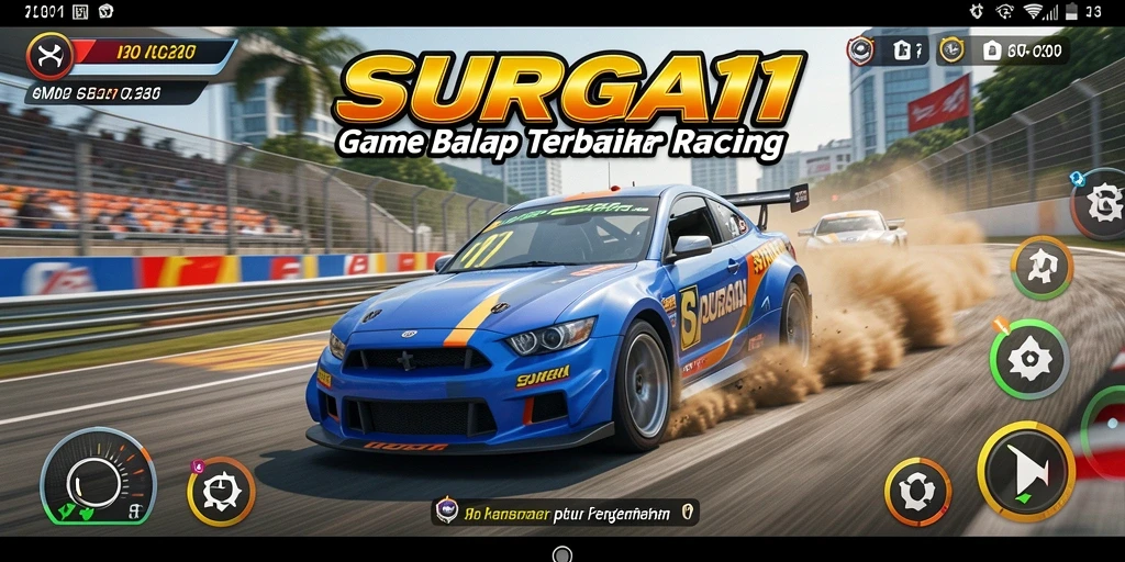 Gambar menunjukkan aksi balapan mendebarkan di SURGA11 dengan kendaraan yang berkualitas tinggi.
